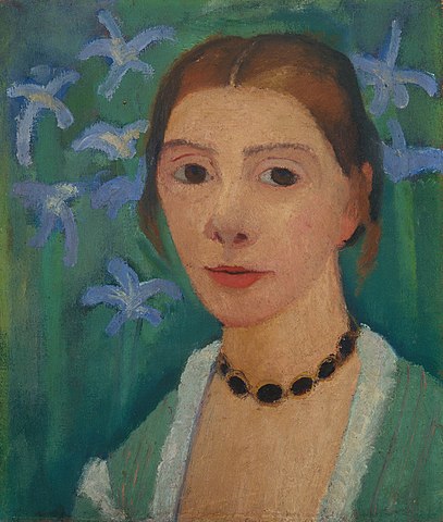 Paula Modersohn-Becker selvportræt, maleri med blå blomster, grøn baggrund