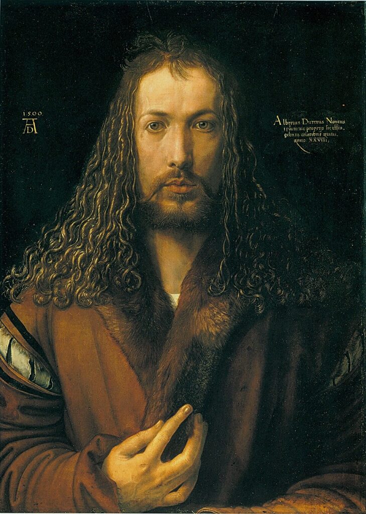Dürer selvportræt Et frontalportræt, idealiseret på en måde der minder om Kristusfremstillinger.
